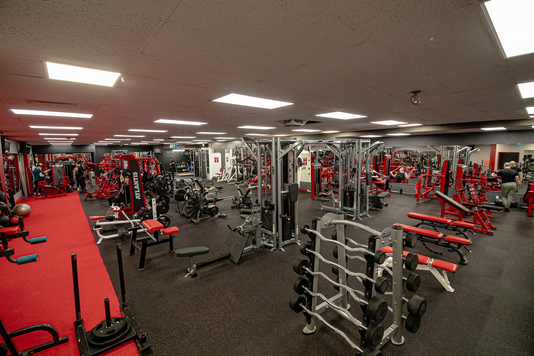 Strength training floor with red carpet runway and benches